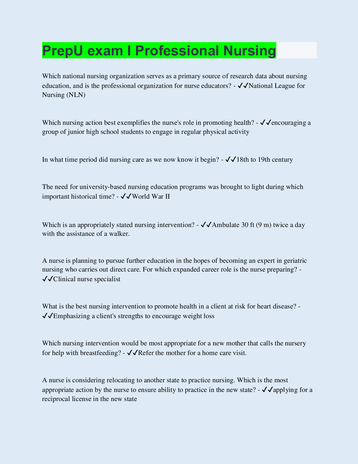 Preview image of PrepU exam I Professional Nursing document